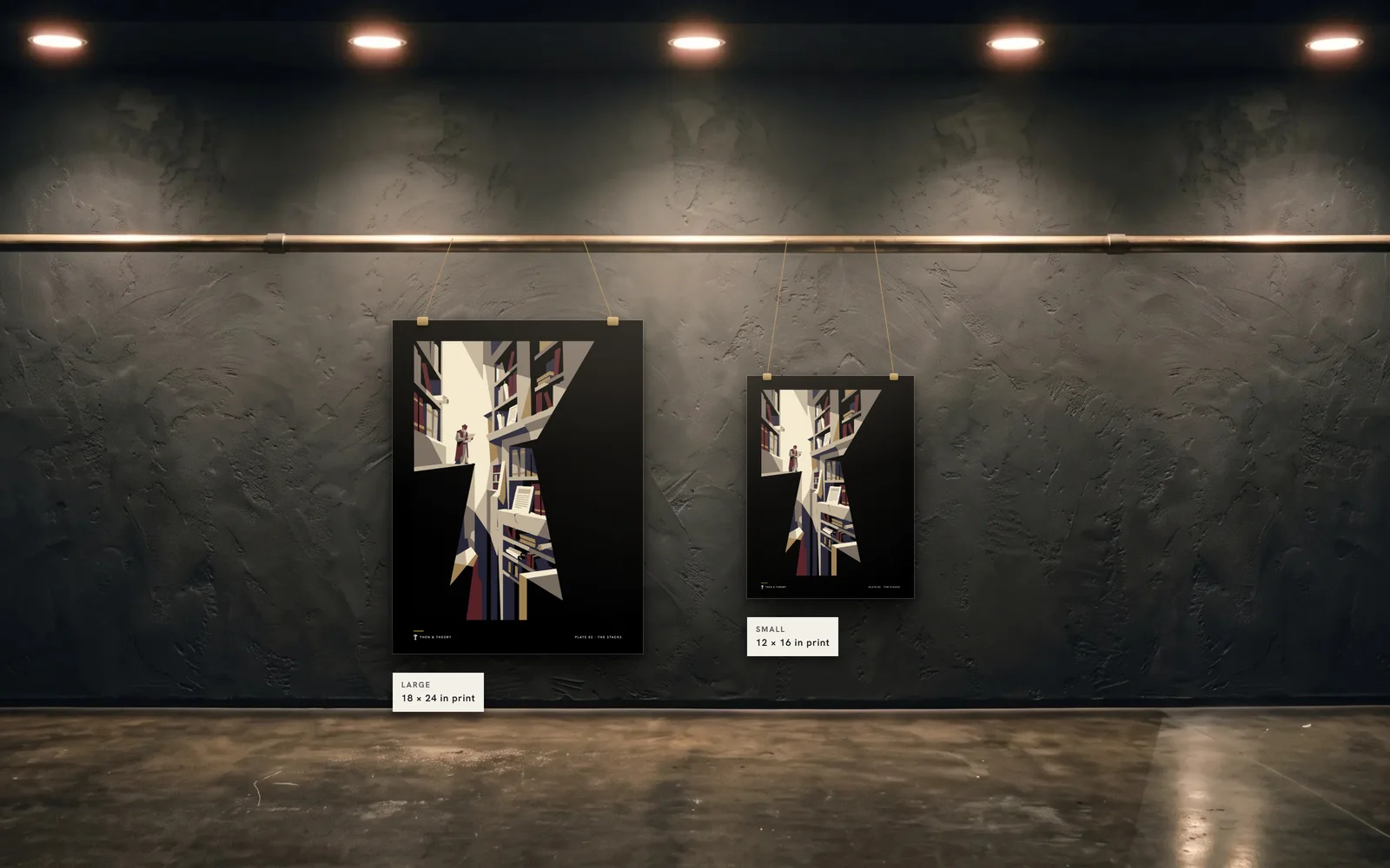 The two sizes to scale on the same wall: an 18 × 24 in print beside a 12 × 16 in print of plate 02, The Stacks.