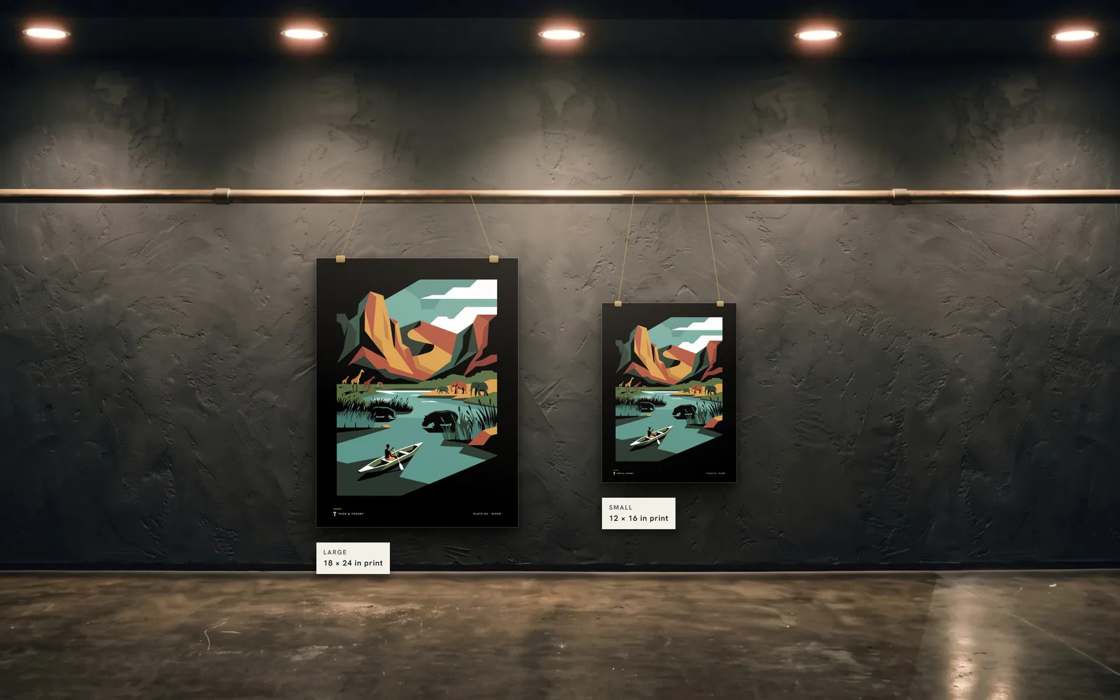 The two sizes to scale on the same wall: an 18 × 24 in print beside a 12 × 16 in print of plate 03, River.