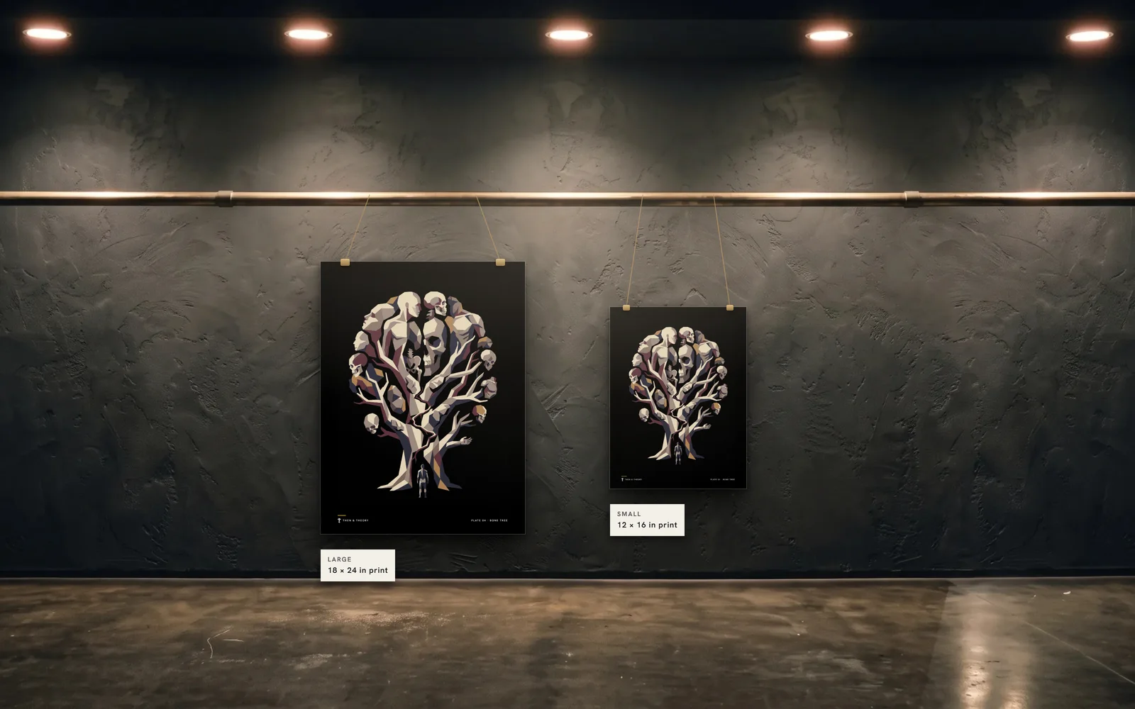 The two sizes to scale on the same wall: an 18 × 24 in print beside a 12 × 16 in print of plate 04, Bone Tree.