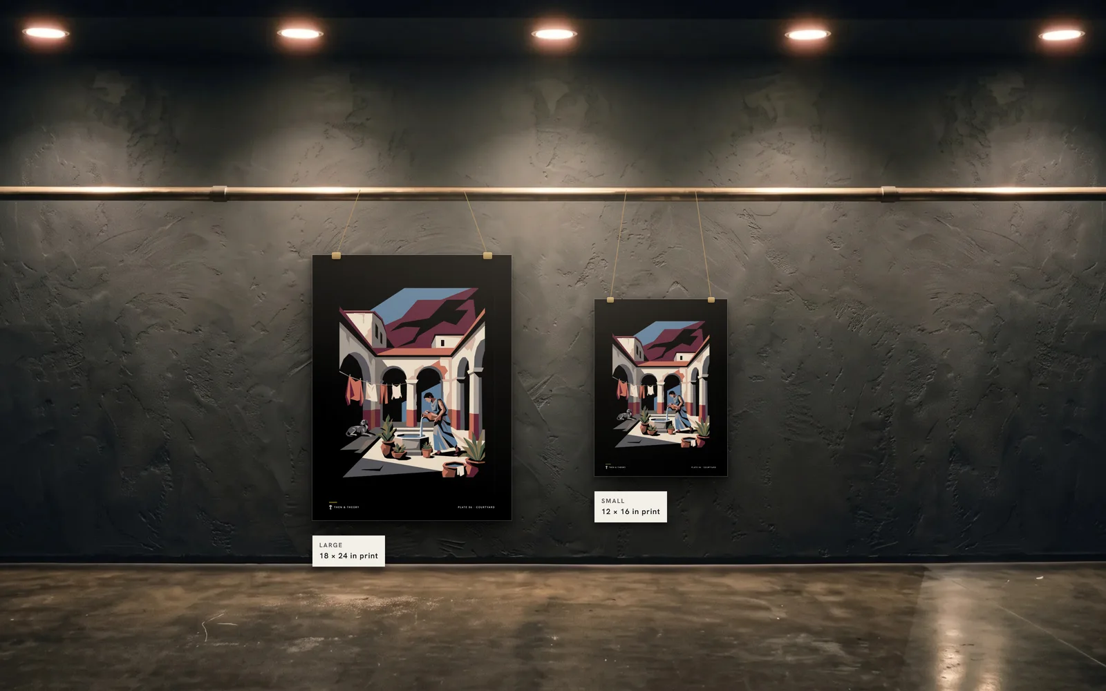 The two sizes to scale on the same wall: an 18 × 24 in print beside a 12 × 16 in print of plate 06, Courtyard.