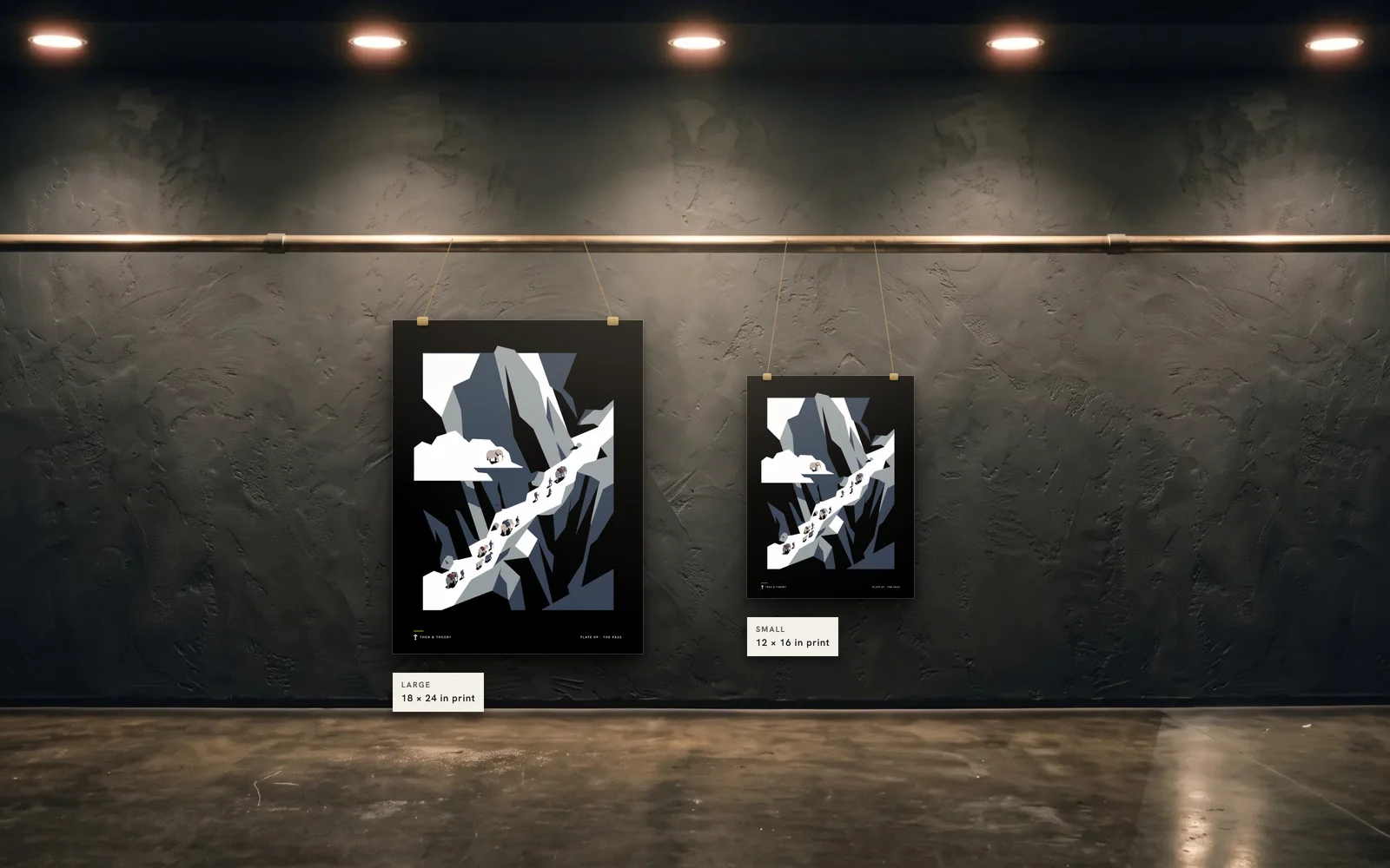 The two sizes to scale on the same wall: an 18 × 24 in print beside a 12 × 16 in print of plate 09, The Pass.
