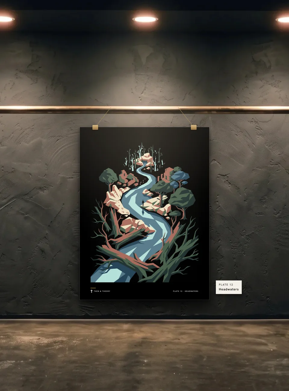 Headwaters Poster: the unframed print of plate 12, Headwaters, clipped to a gallery wall under a spotlight.
