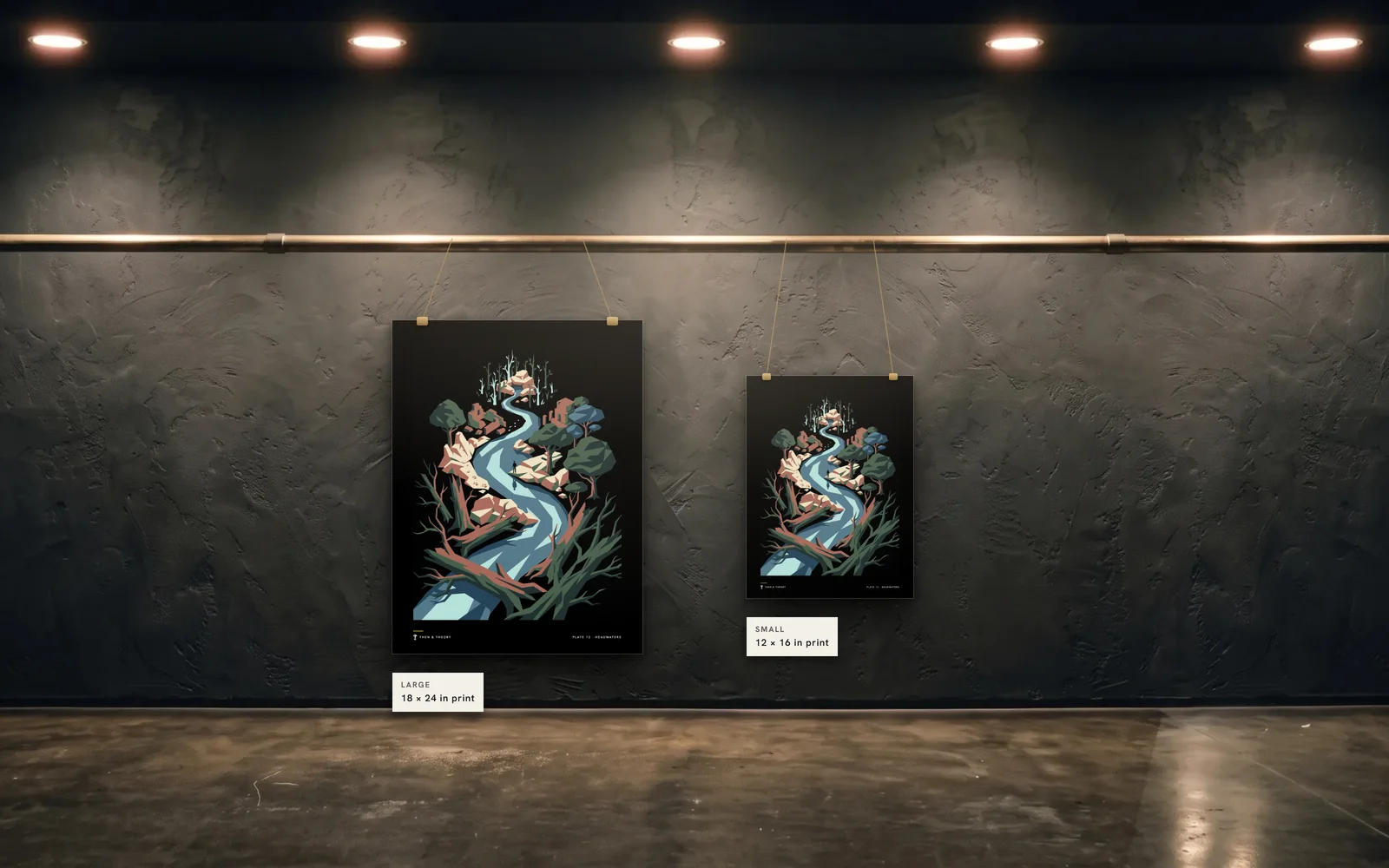 The two sizes to scale on the same wall: an 18 × 24 in print beside a 12 × 16 in print of plate 12, Headwaters.