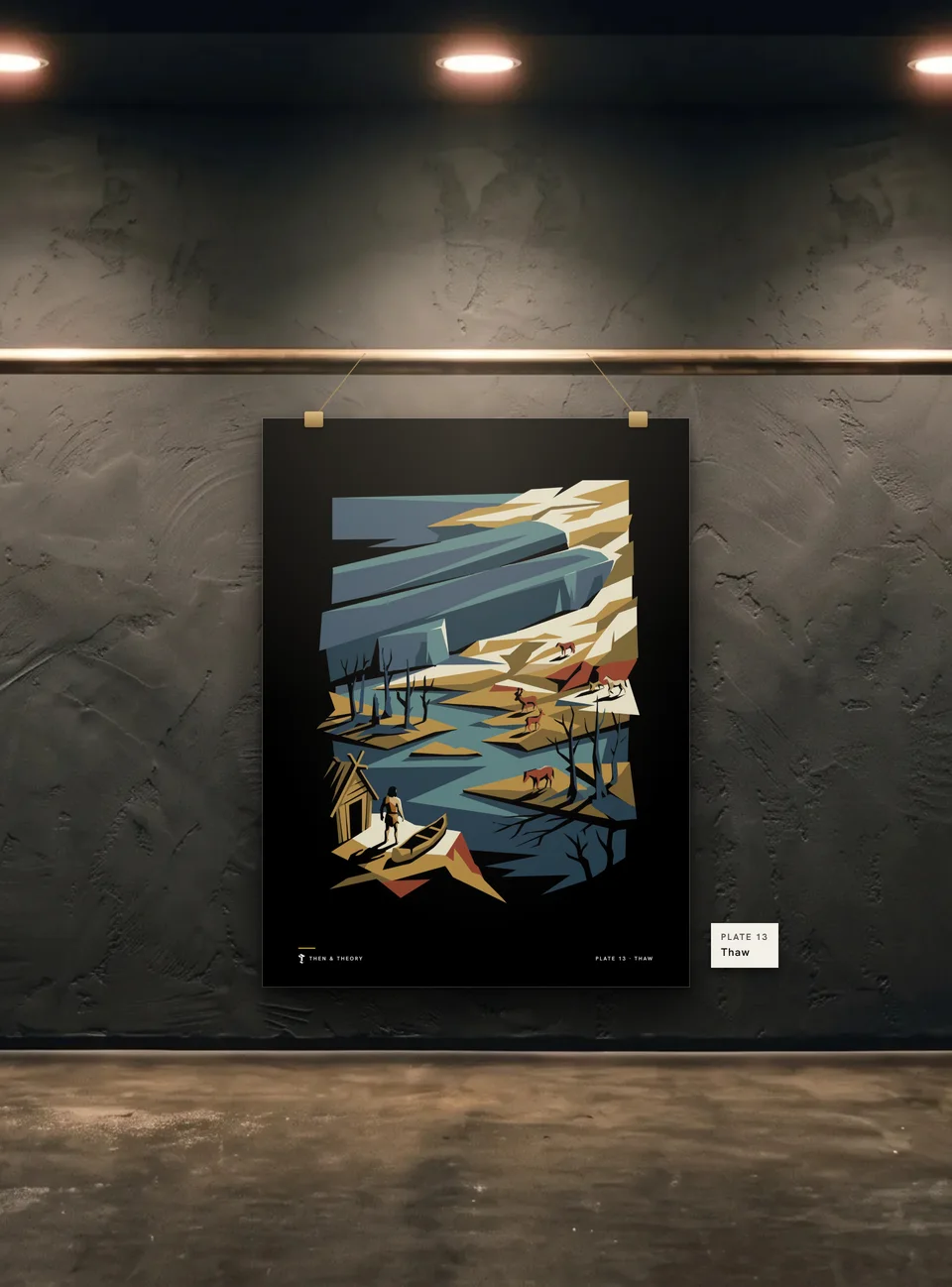 Thaw Poster: the unframed print of plate 13, Thaw, clipped to a gallery wall under a spotlight.