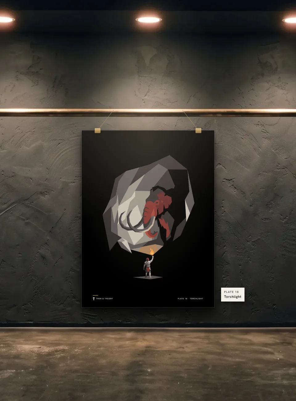 Torchlight Poster: the unframed print of plate 18, Torchlight, clipped to a gallery wall under a spotlight.