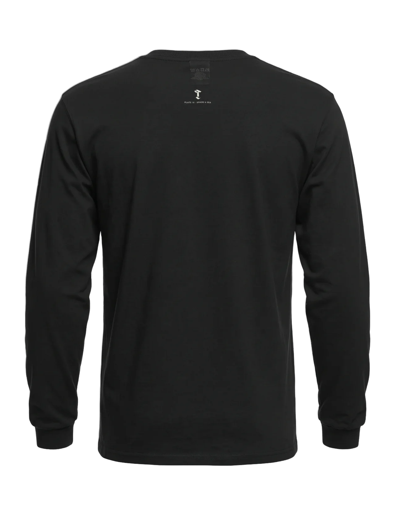 Back of the long sleeve: the Then & Theory T and "Plate 10 · Sphere & Sea" printed small below the collar.