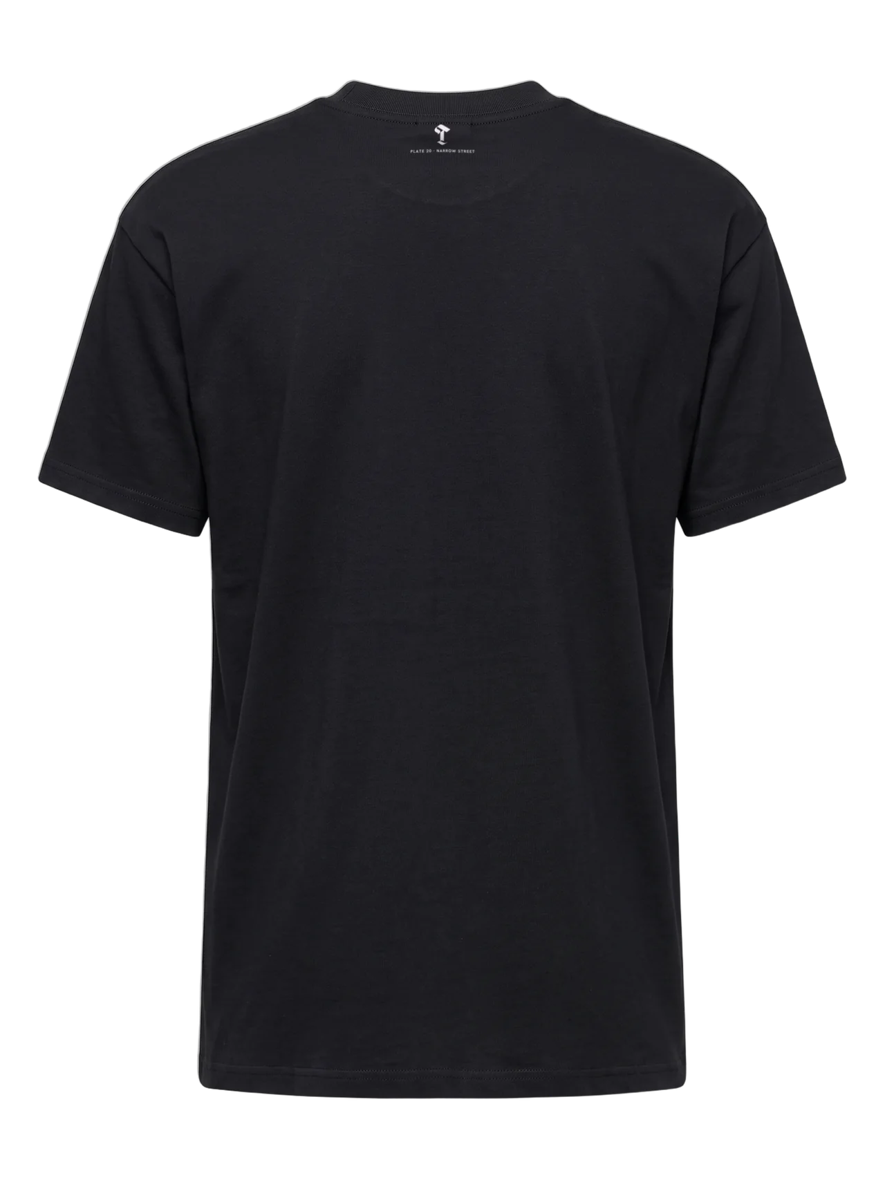 Back of the t-shirt: the Then & Theory T and "Plate 20 · Narrow Street" printed small below the collar.