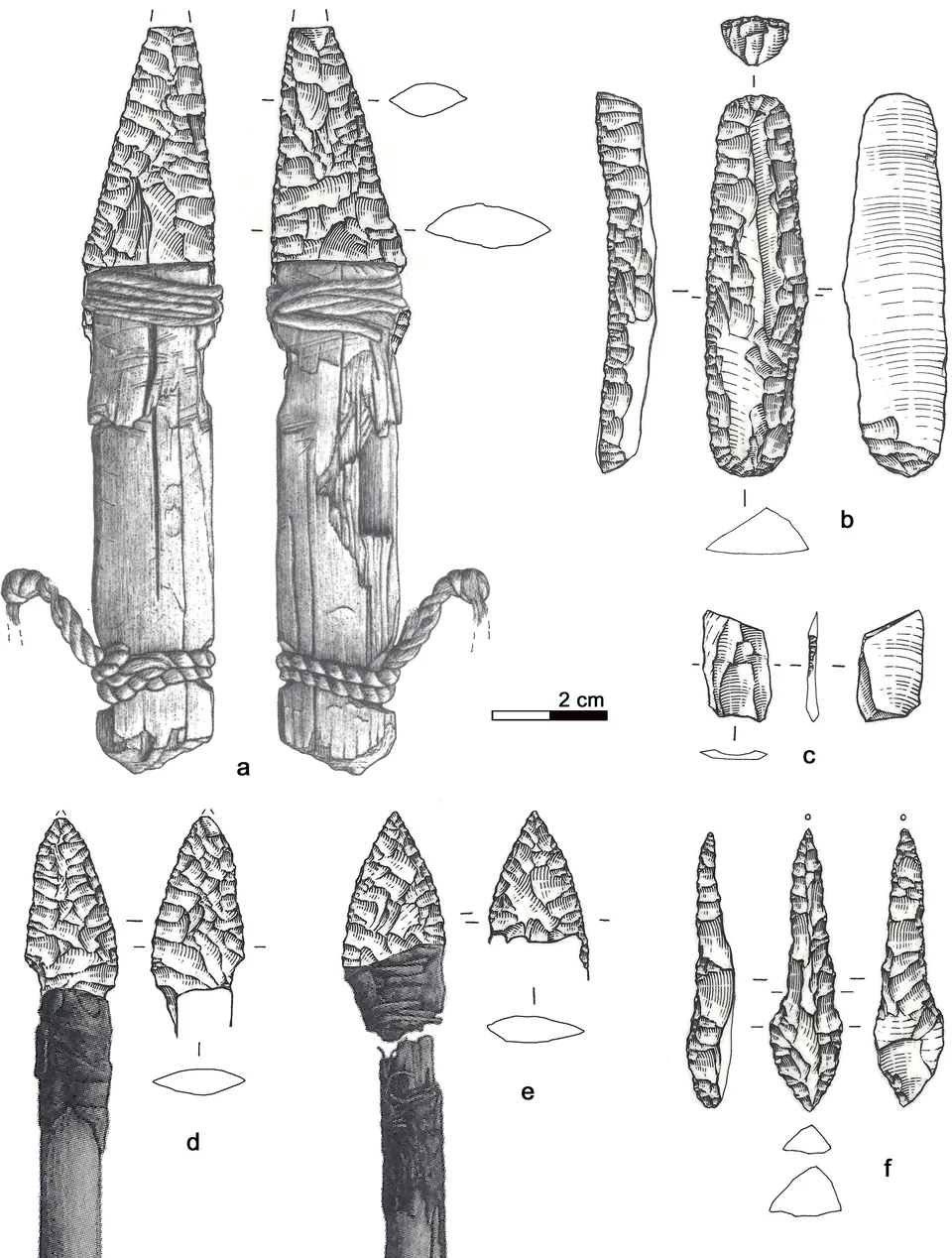 An archaeological drawing, in fine pen hatching, of a flint dagger in its wooden handle seen from both sides, a long endscraper, a small flake, two leaf-shaped arrowheads (one still on its broken shaft) and a slender borer, with a 2 cm scale bar.