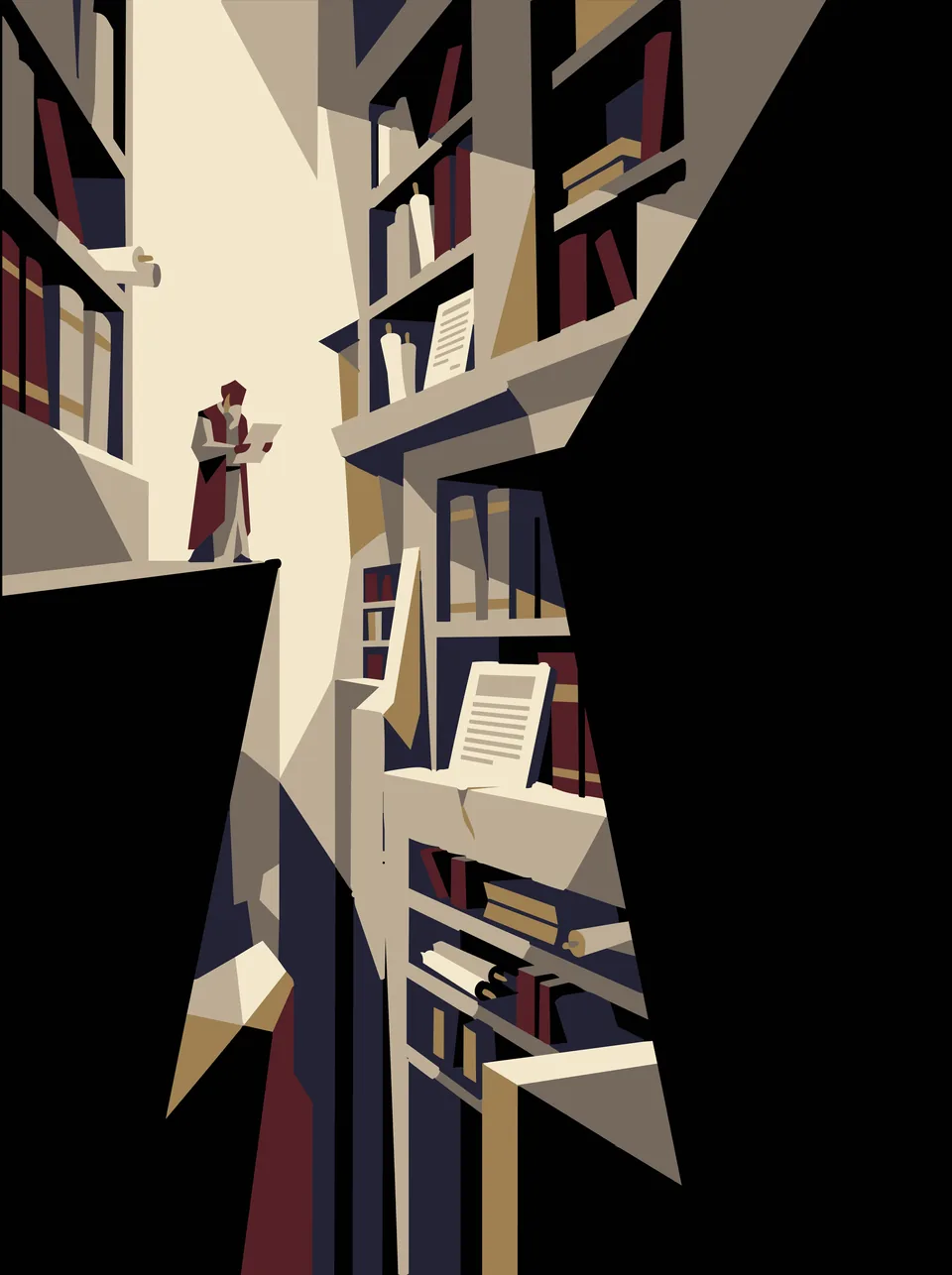 Plate 02, The Stacks: A reader on a ledge between shelves of rolls and bound books.