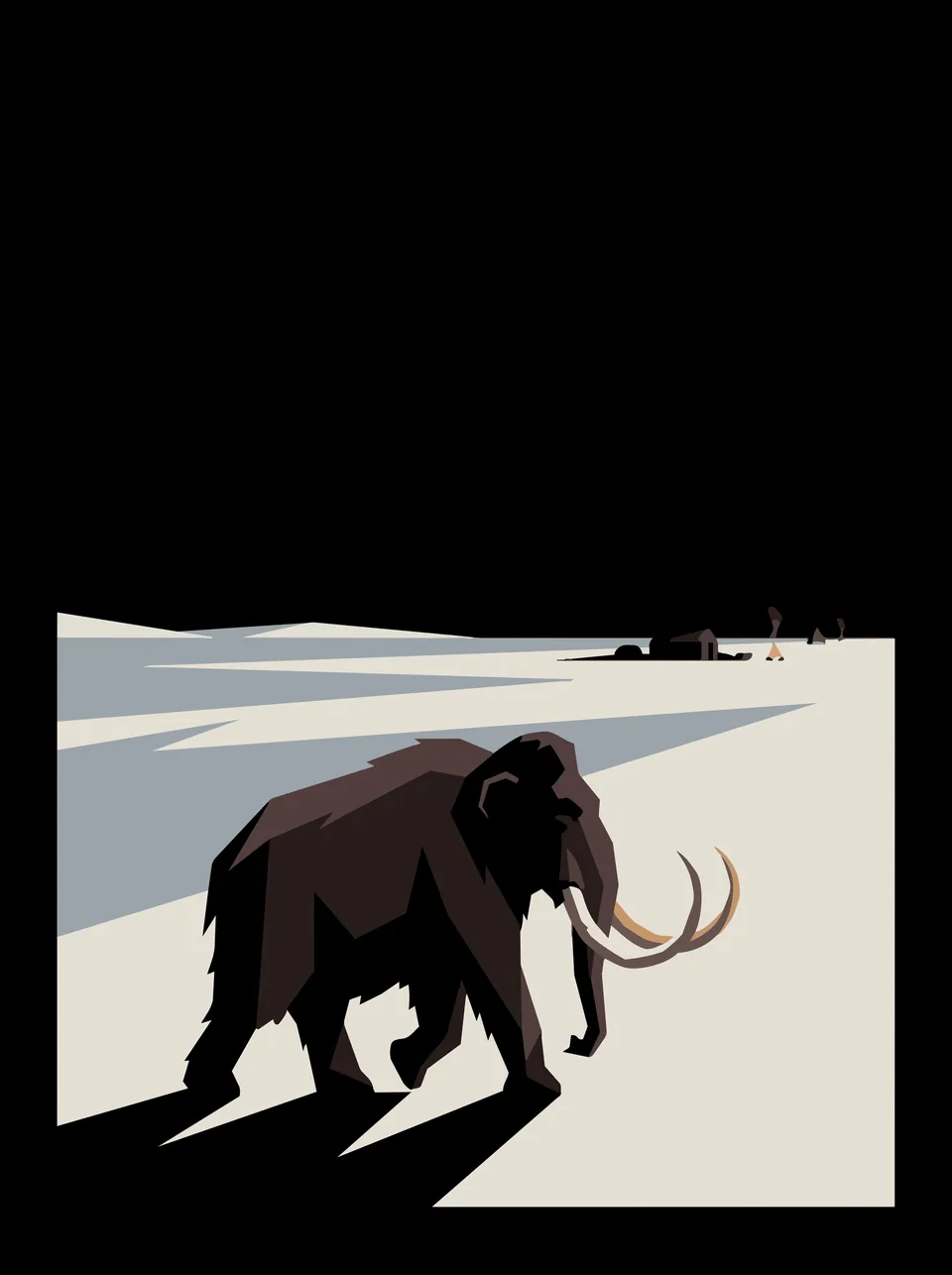 Plate 07, Mammoth: A mammoth crossing snow towards a camp with fires.