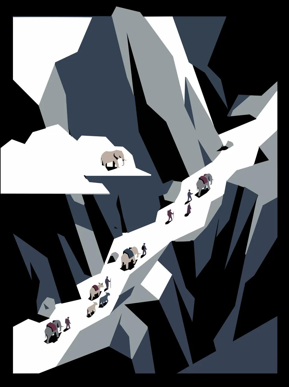 Plate 09, The Pass: A column of people and elephants on a mountain track.