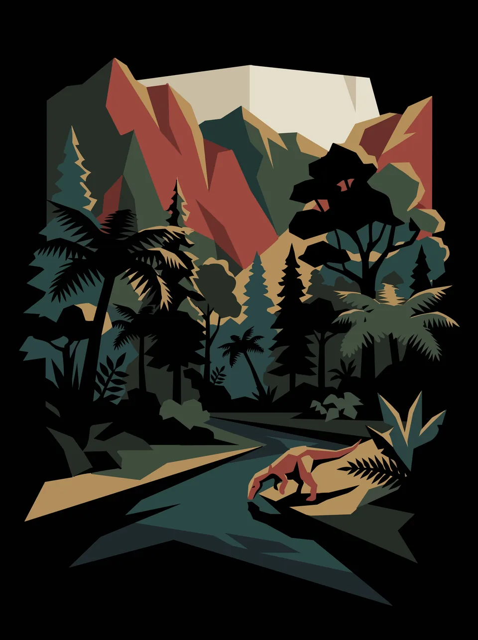 Plate 15, Deep Forest: Ferns, conifers and an animal drinking at a forest river.