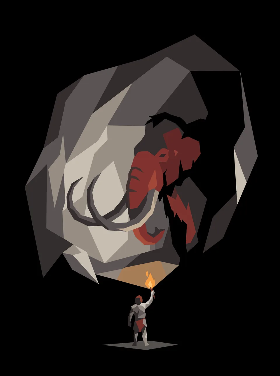 Plate 18, Torchlight: A painted mammoth on a cave wall, lit by a raised torch.