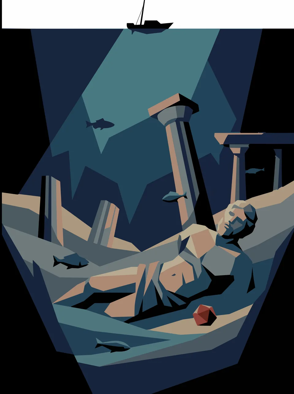 Plate 19, Sunken: Fallen columns and a statue on the seabed, a boat far above.